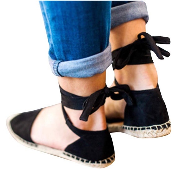 espadrilles black flats wrap up sandals - Picture 4 of 5